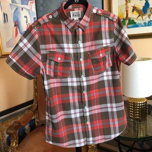 CONVERSE Red/Gray Plaid Cotton Short Sleeve Shirt. Size M.